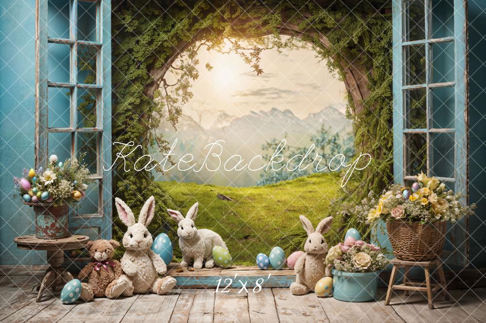 Kate Pâques Lapin Fenêtre Paysage Toile de fond en Laine pour la photographie - Kate Backdrop FR