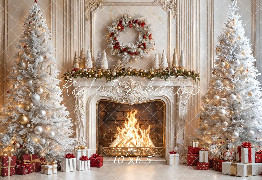 Kate Noël Cheminée Sapins Cadeaux Toile de fond en Laine conçue par Emetselch