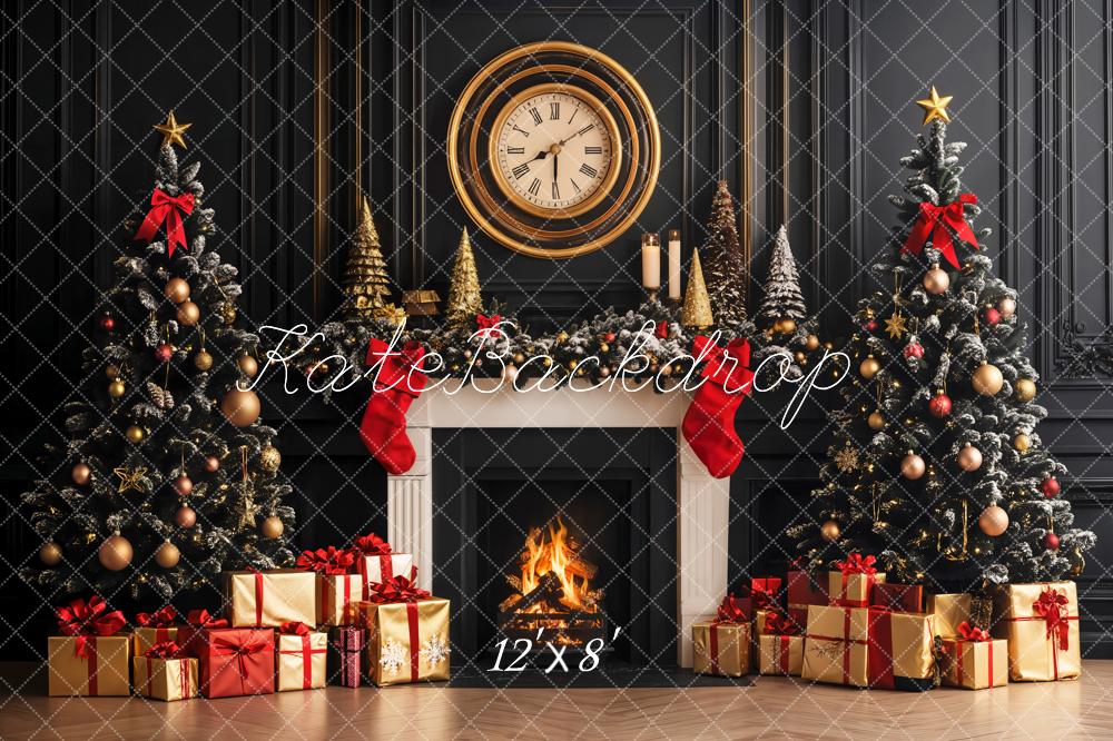 Kate Sapin de Noël Cheminée Horloge Mur Rétro Toile de fond conçue par Emetselch - Kate Backdrop FR