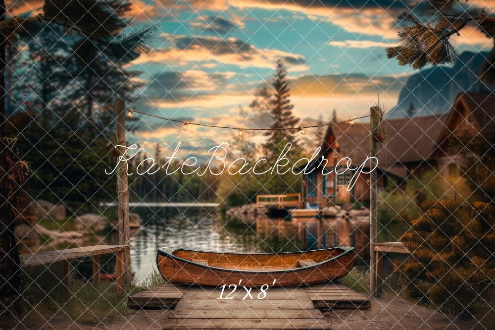 Kate Canoë Quai Lac Forêt Cabane Toile de fond conçue par Lidia Redekopp - Kate Backdrop FR
