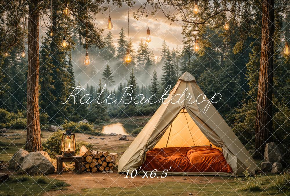 Kate Camping Forêt Tente Lumières Toile de fond en Laine conçue par Emetselch - Kate Backdrop FR