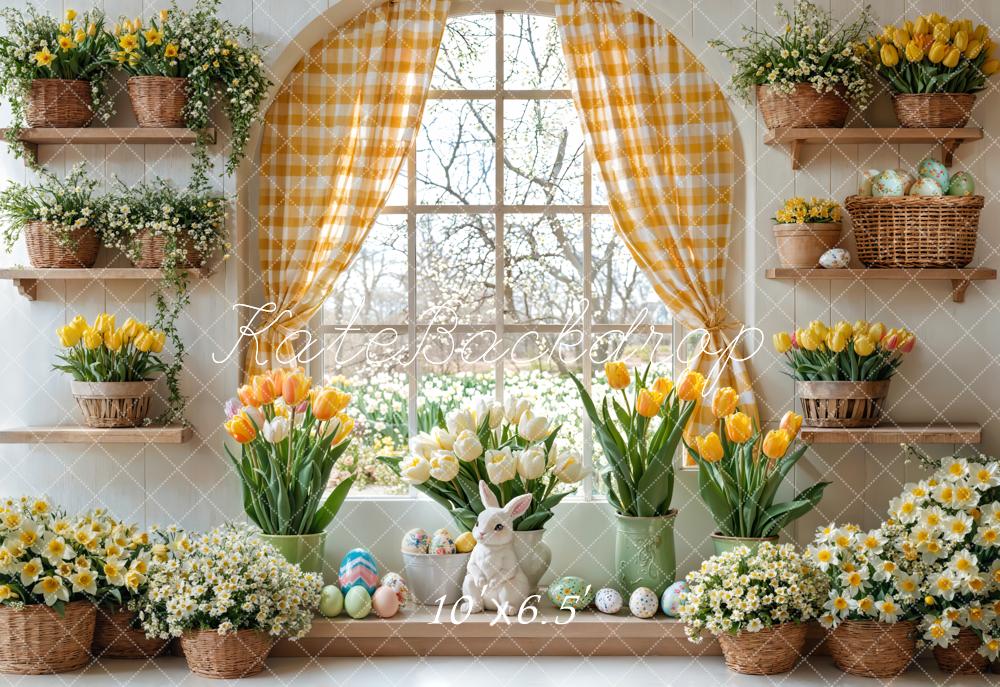Kate Pâques Lapin Fleurs Fenêtre Rideau Toile de fond en Laine conçue par Emetselch
