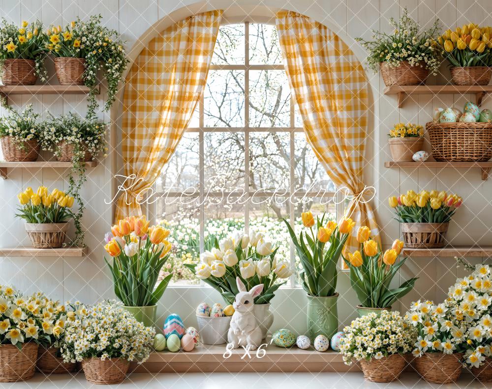 Kate Pâques Lapin Fleurs Fenêtre Rideau Toile de fond en Laine conçue par Emetselch