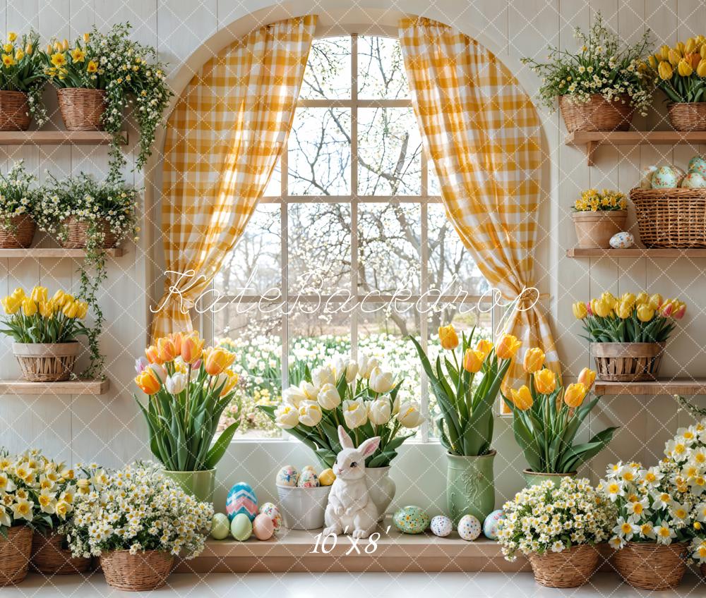 Kate Pâques Lapin Fleurs Fenêtre Rideau Toile de fond en Laine conçue par Emetselch