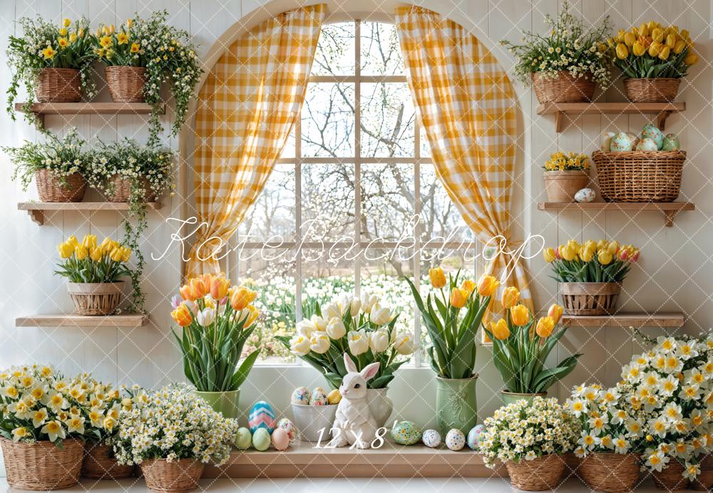 Kate Pâques Lapin Fleurs Fenêtre Rideau Toile de fond en Laine conçue par Emetselch