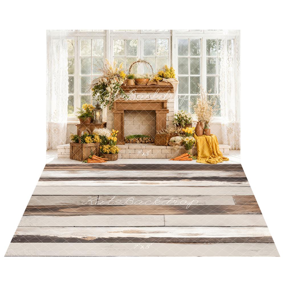 Kate Printemps Cheminée Fleurs Toile de fond+Bois Vieilli Beige Brun Sol Toile de fond - Kate Backdrop FR