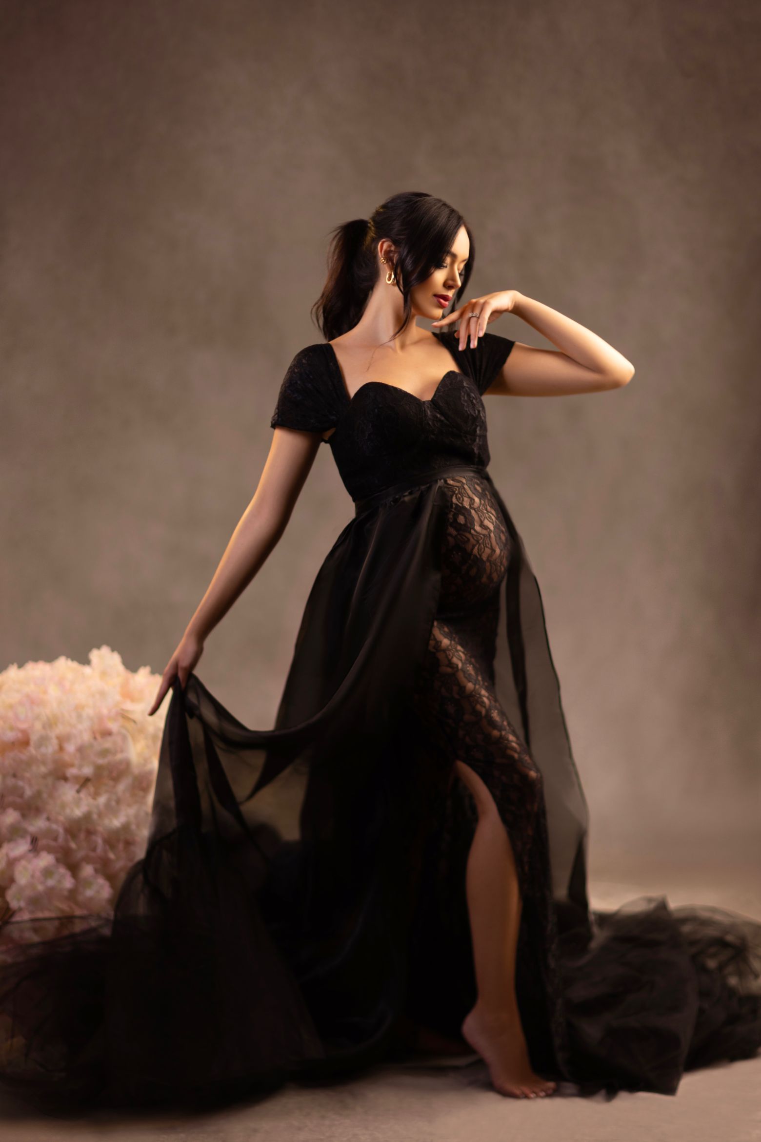 Kate Dentelle Manches courtes Noir Robe de Grossesse pour Séance Photo - Kate Backdrop FR