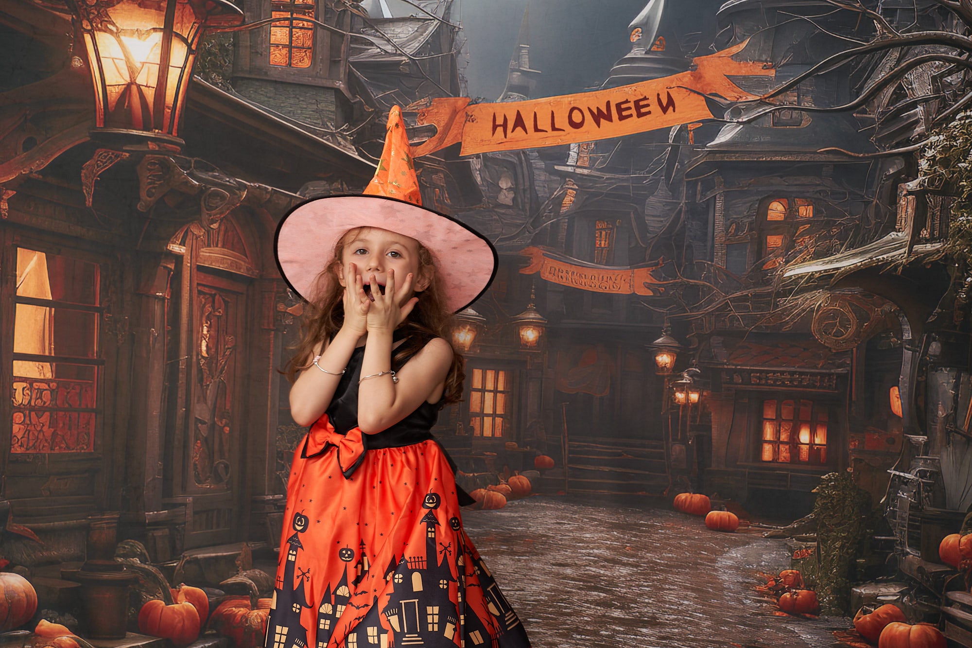 Kate Halloween Citrouille Rue Toile de fond+Brun Pierre Sol Toile de fond - Kate Backdrop FR