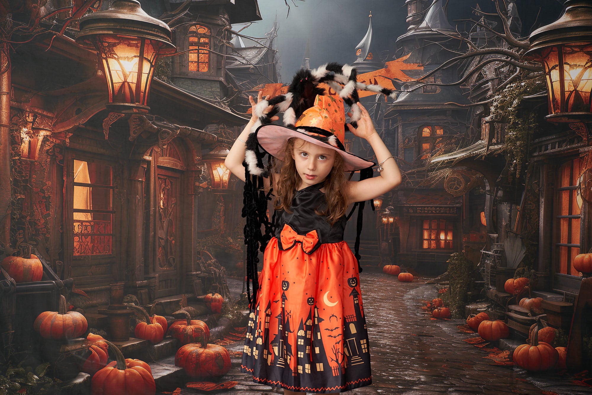 Kate Halloween Citrouille Rue Toile de fond+Brun Pierre Sol Toile de fond - Kate Backdrop FR