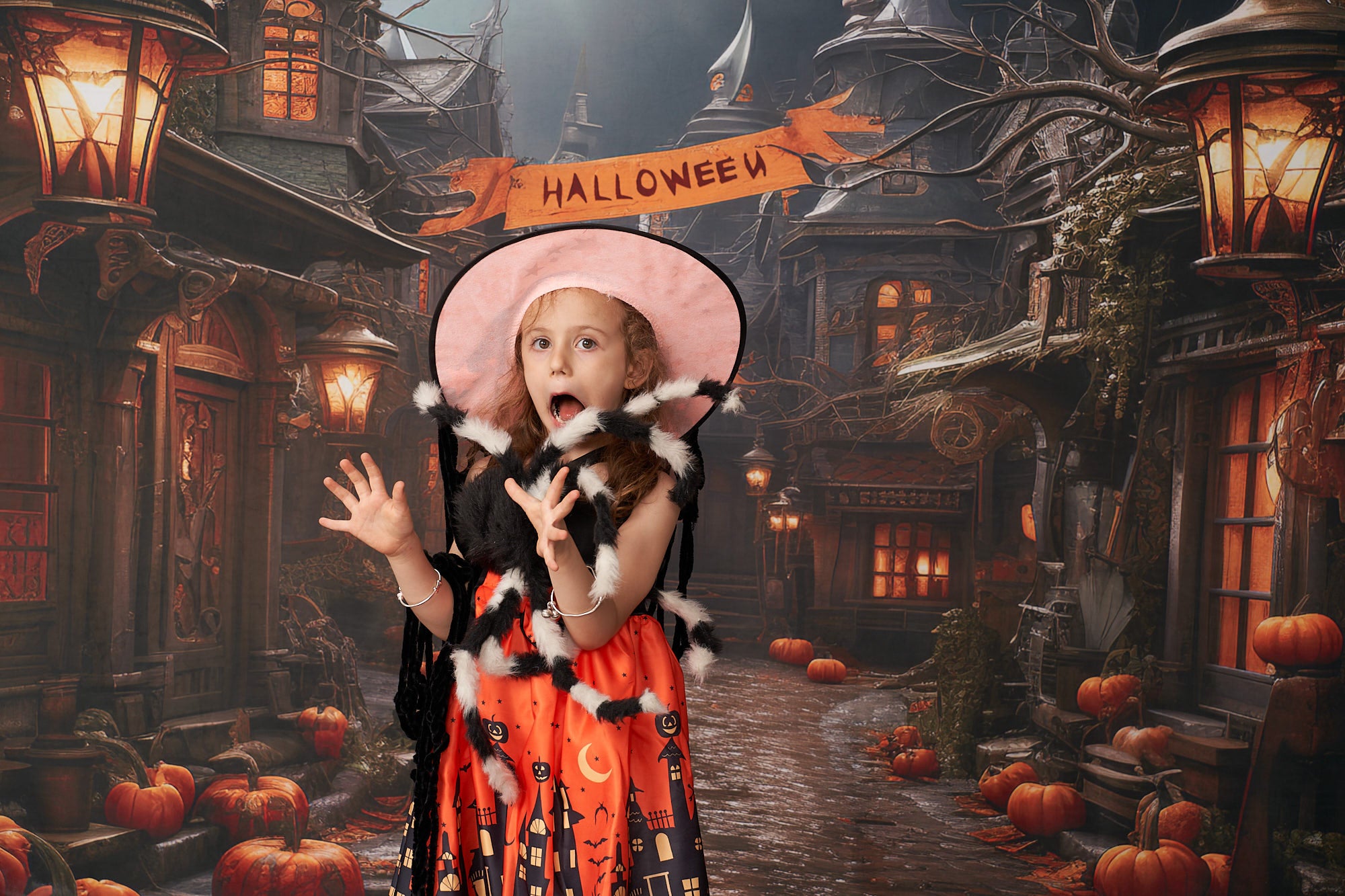 Kate Halloween Citrouille Rue Toile de fond+Brun Pierre Sol Toile de fond - Kate Backdrop FR