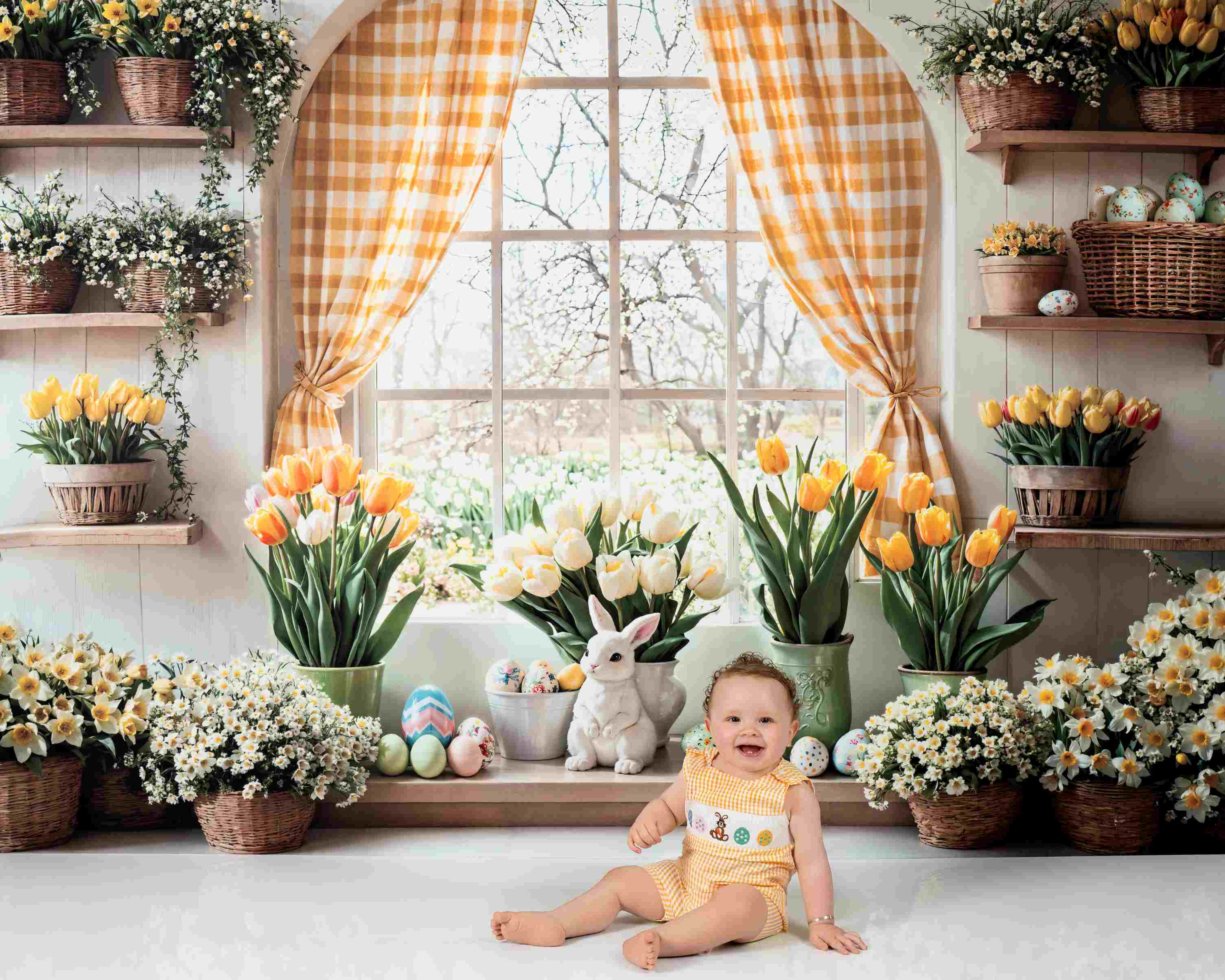 Kate Pâques Lapin Fleurs Fenêtre Rideau Toile de fond en Laine conçue par Emetselch