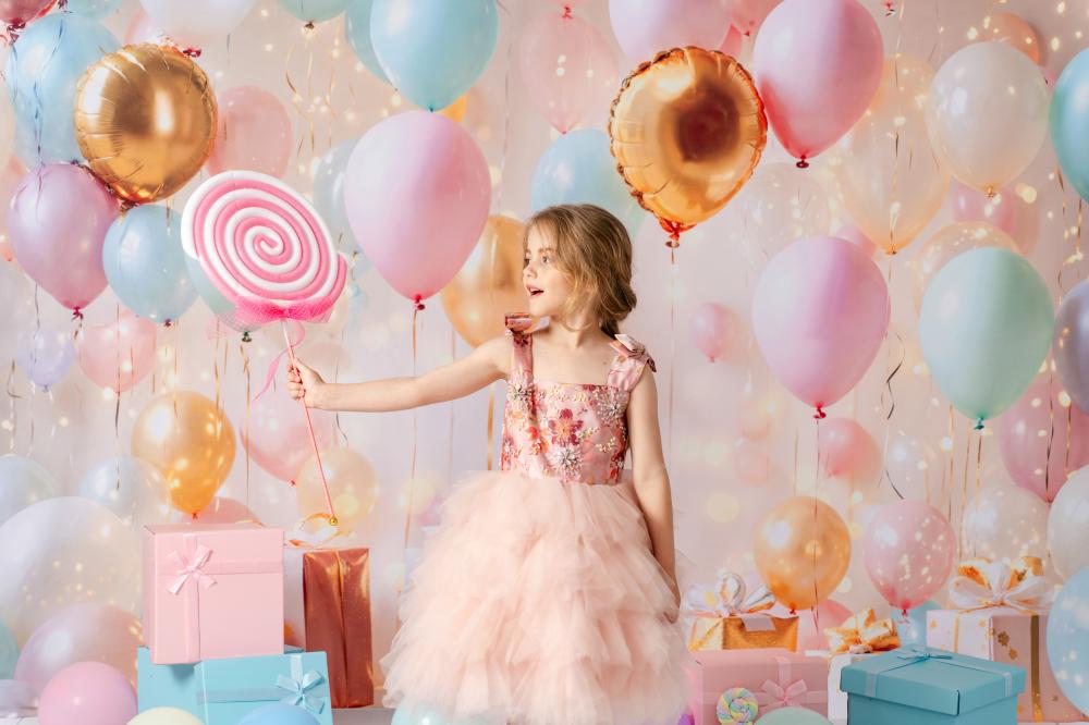 Kate Anniversaire Ballons Cadeaux Fête Lumière Toile de fond conçue par Emetselch - Kate Backdrop FR
