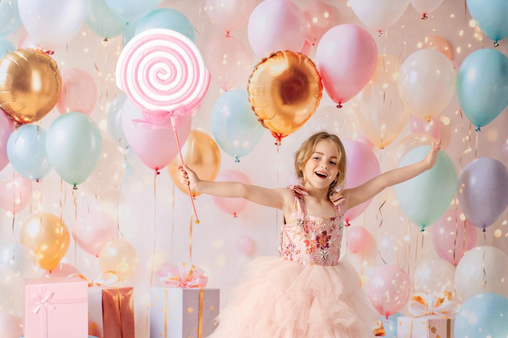 Kate Anniversaire Ballons Cadeaux Fête Lumière Toile de fond conçue par Emetselch - Kate Backdrop FR
