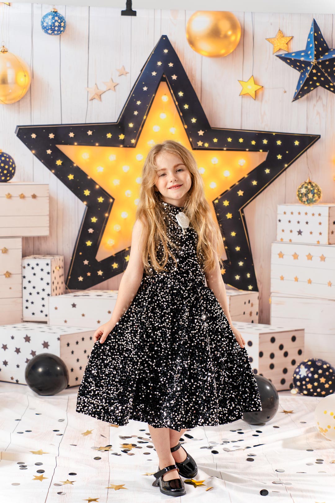 Kate Noir Paillettes Fête Robe pour Enfants - Kate Backdrop FR