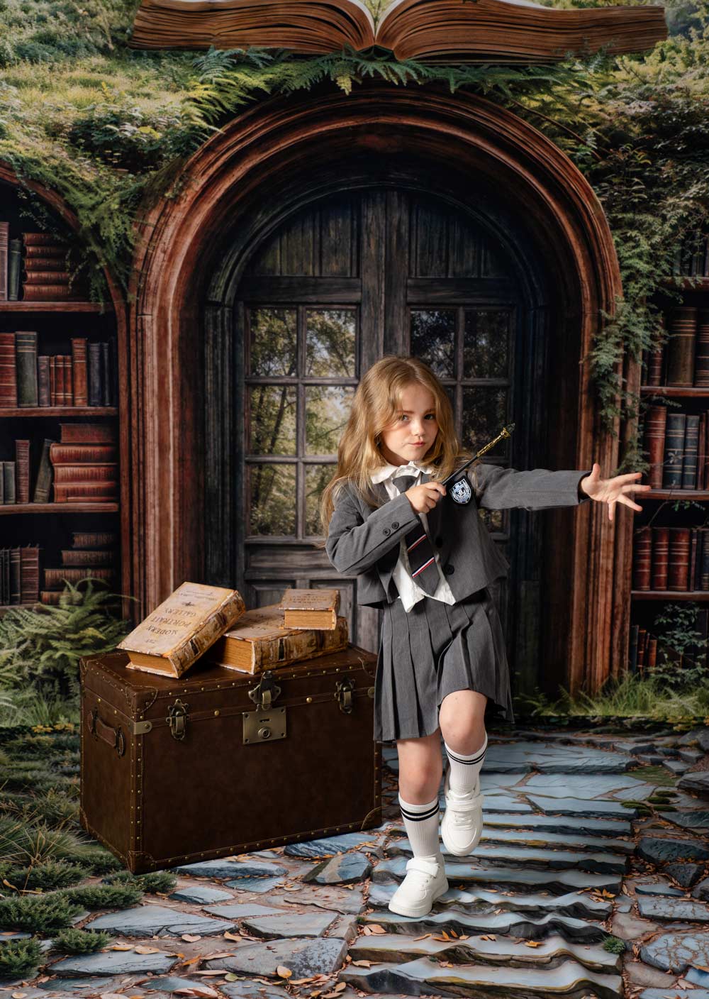 Kate Forêt Étagère à livres Scolaire Arche Toile de fond+Herbe Escaliers en Pierre Sol Toile de fond - Kate Backdrop FR