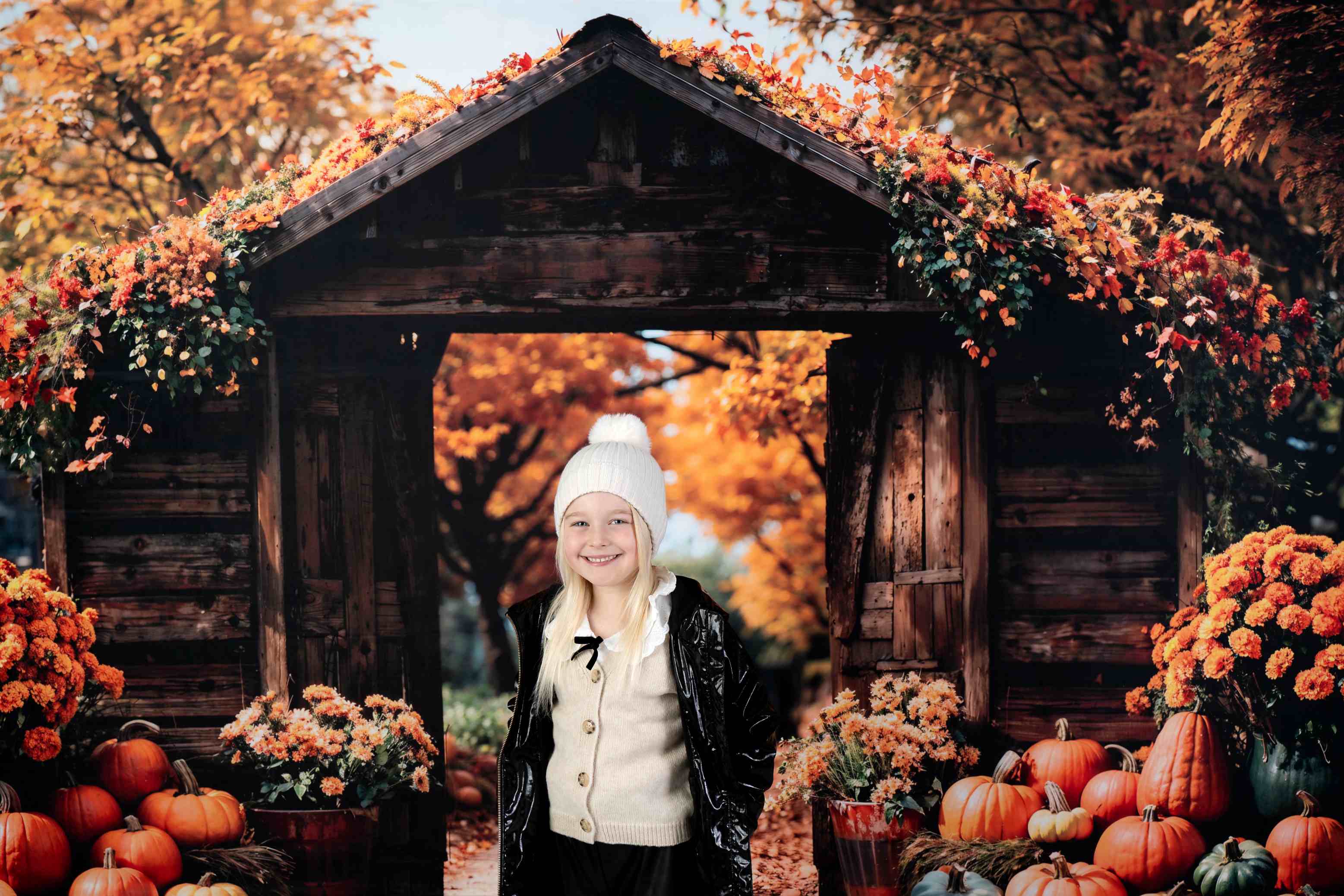 Kate Automne Forêt Citrouille Grange Porte Toile de fond conçue par Emetselch - Kate Backdrop FR
