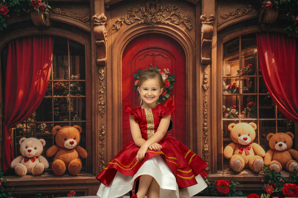 Kate Ours en peluche Rétro Porte Brun Fleurs Toile de fond conçue par Emetselch - Kate Backdrop FR