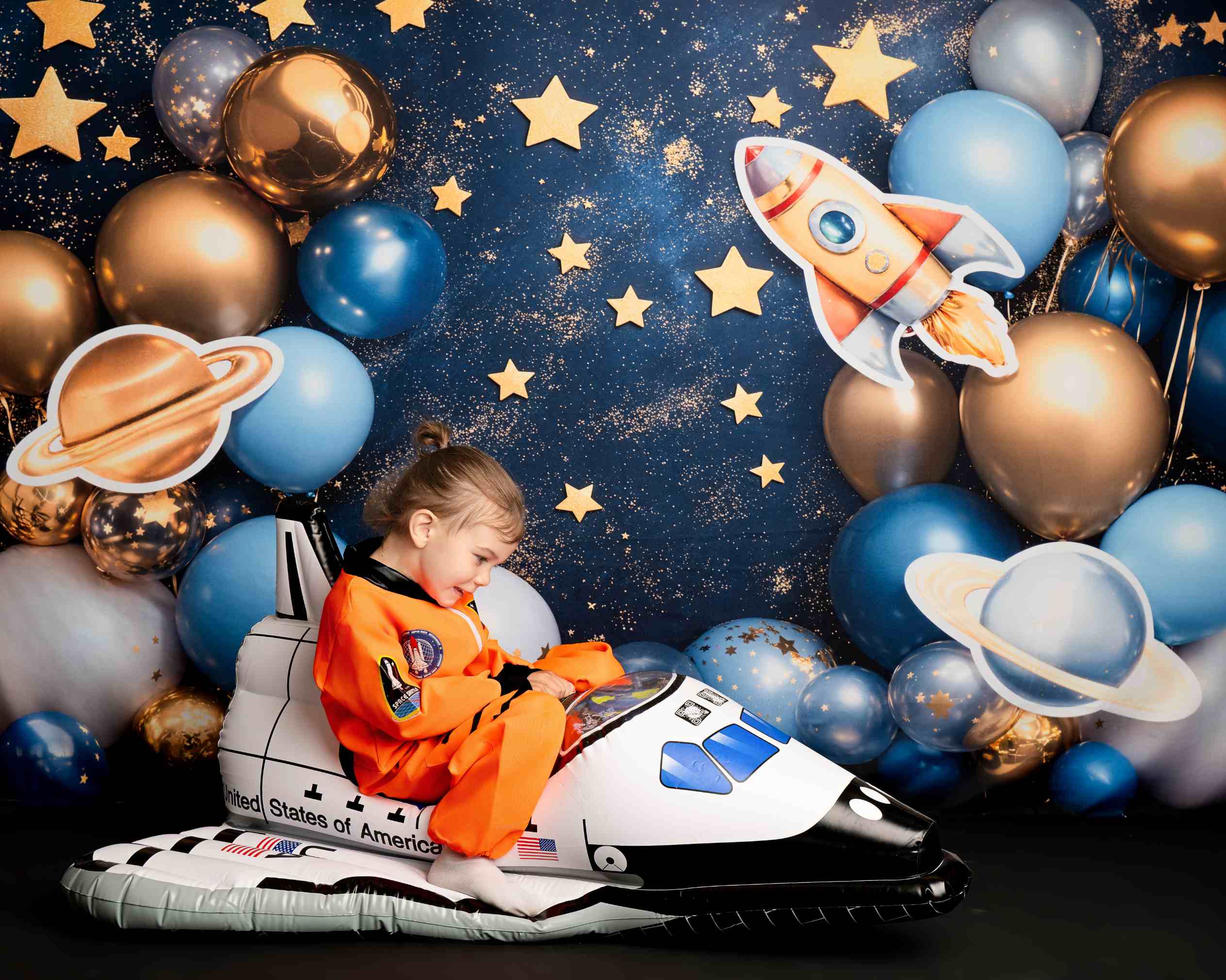Kate Espace Fusée Ballons Étoiles Anniversaire Toile de fond conçue par Emetselch - Kate Backdrop FR