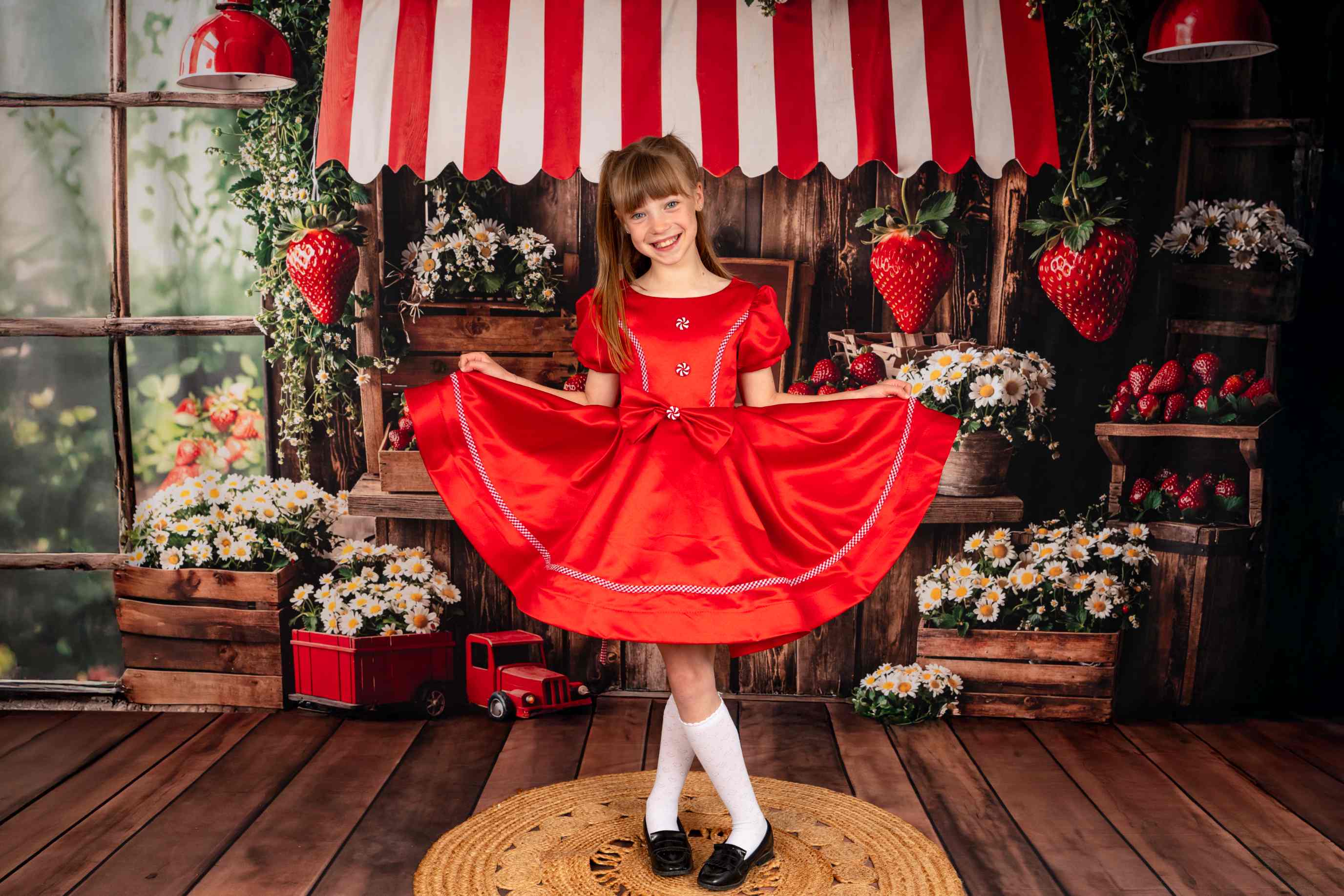 Kate Printemps Marché aux Fraises Fleurs Toile de fond+Brun Vieux Parquet Sol Toile de fond - Kate Backdrop FR