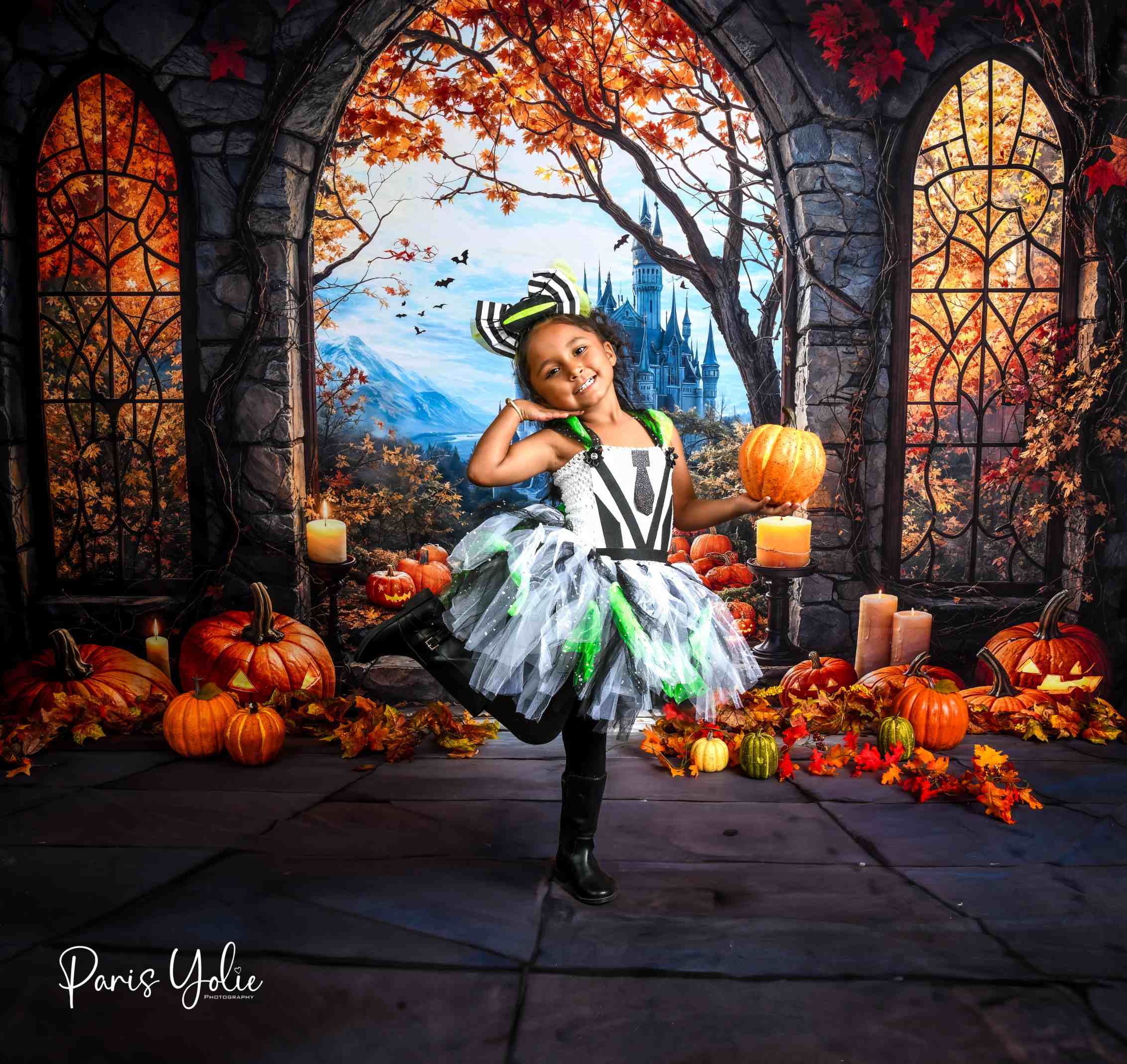 Kate Halloween Arche Érable Château Citrouille Toile de fond+Plancher en pierre Sol Toile de fond - Kate Backdrop FR