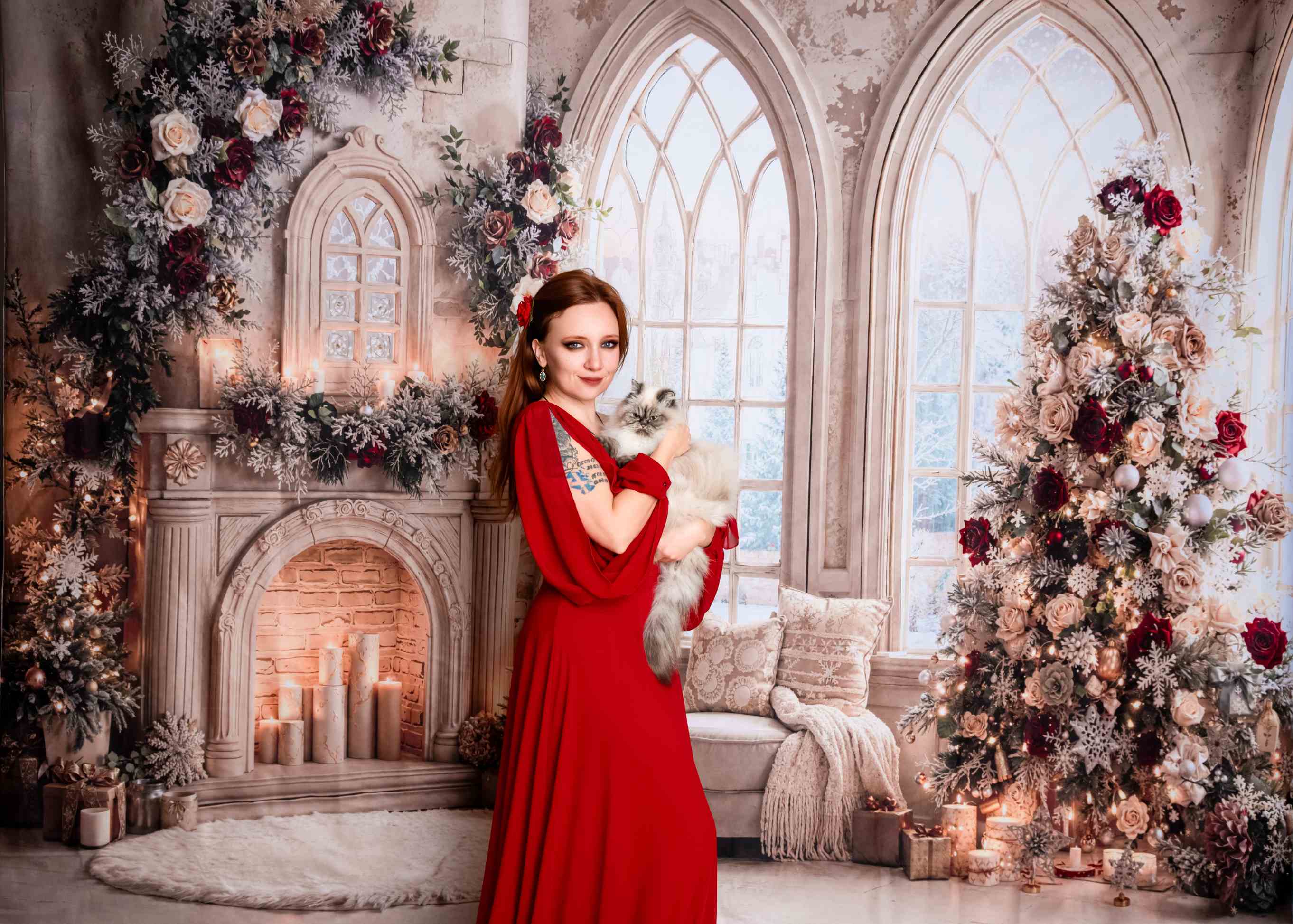 Kate Sapin de Noël Roses Cheminée Fenêtre Toile de fond conçue par Emetselch