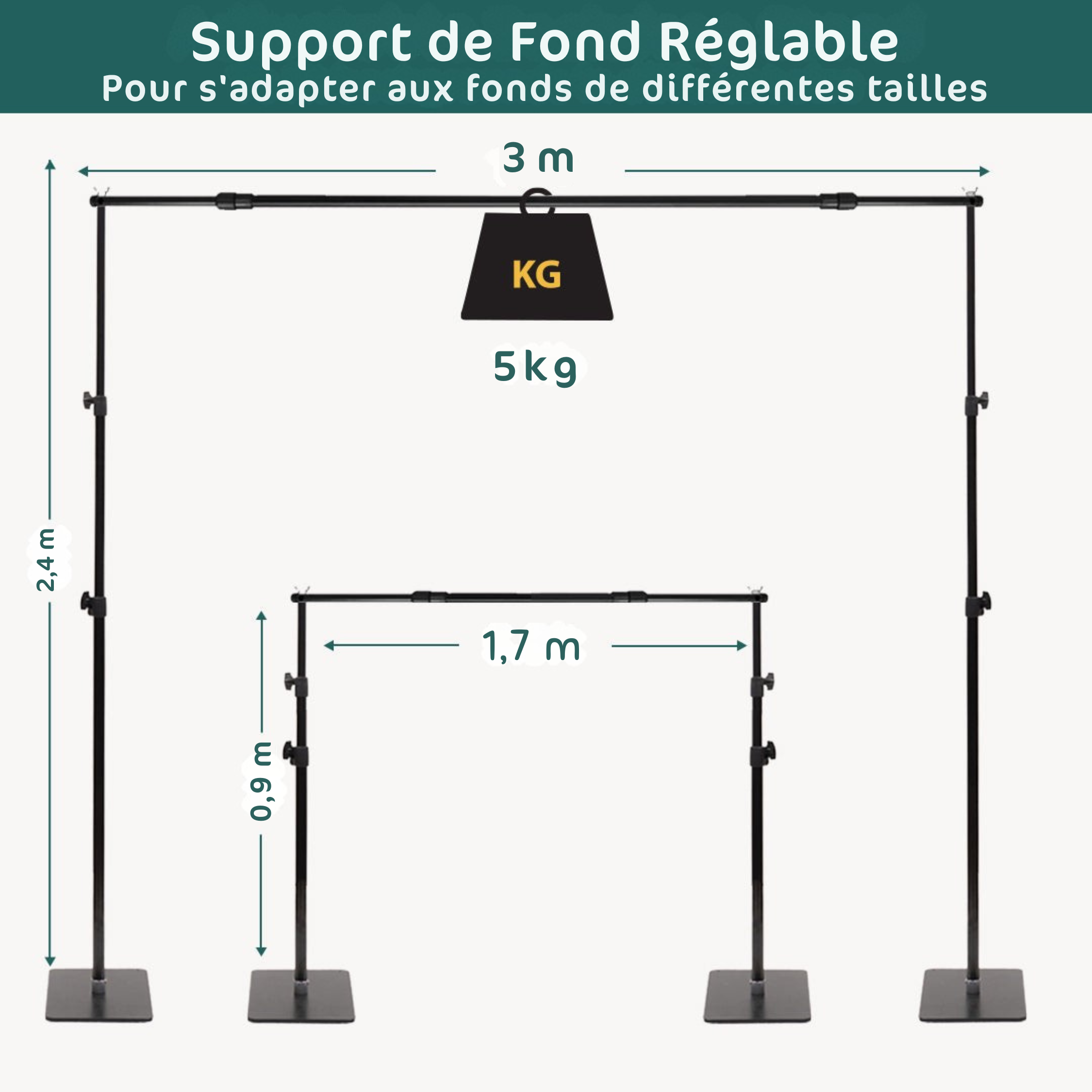Kate Support Réglable à Base Carrée Léger 3x2,4m pour Fond et Papier Photographie