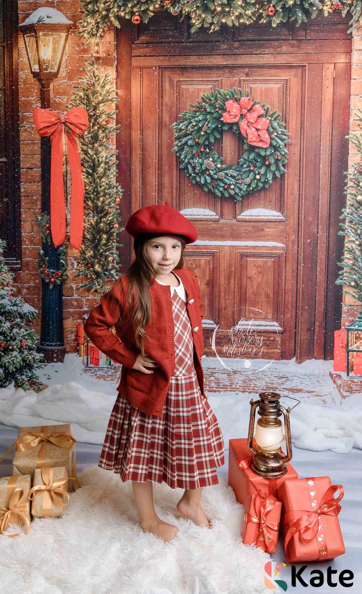 Kate Sapin de Noël Porte Lumières Neige Toile de fond conçue par Emetselch - Kate Backdrop FR