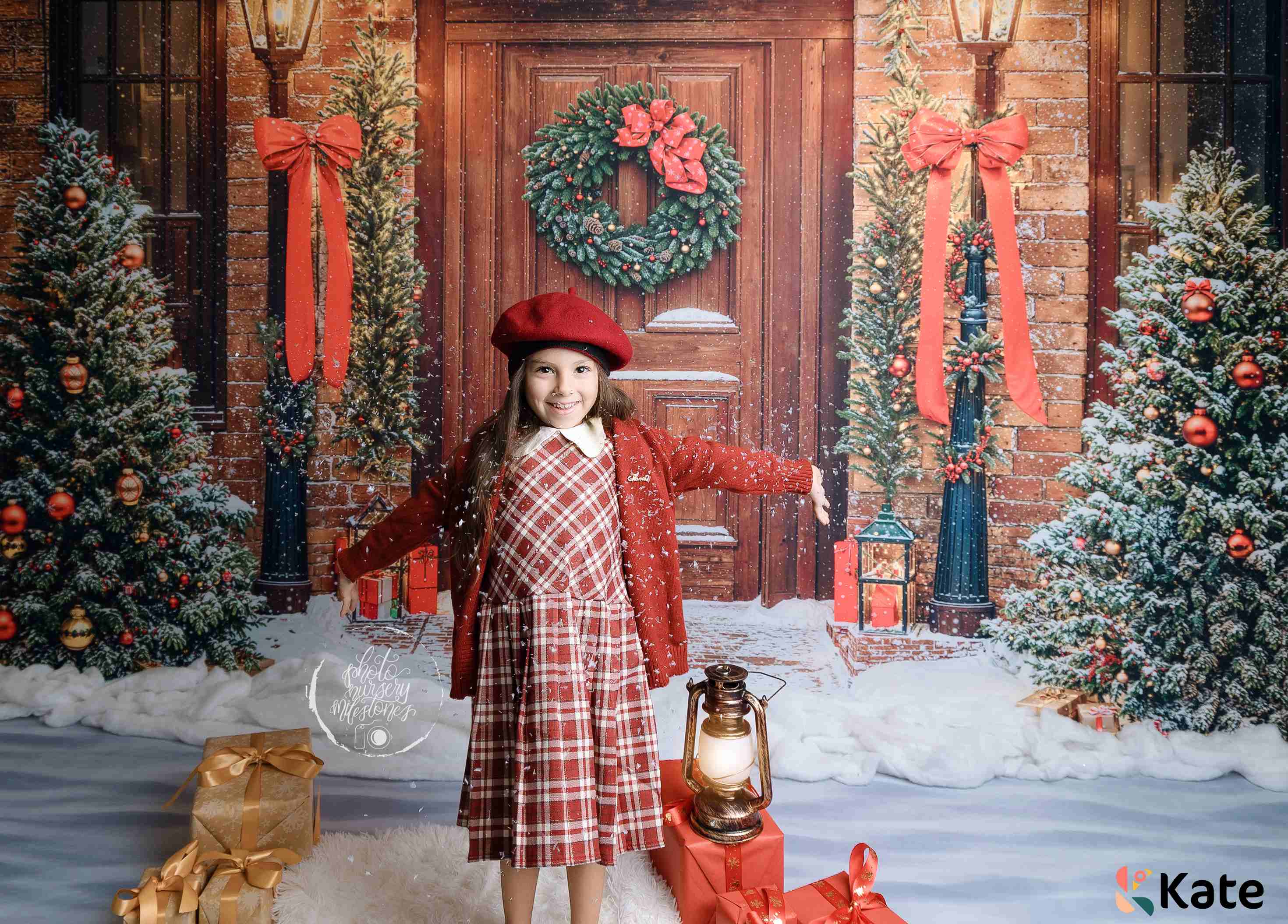Kate Sapin de Noël Porte Lumières Neige Toile de fond conçue par Emetselch - Kate Backdrop FR