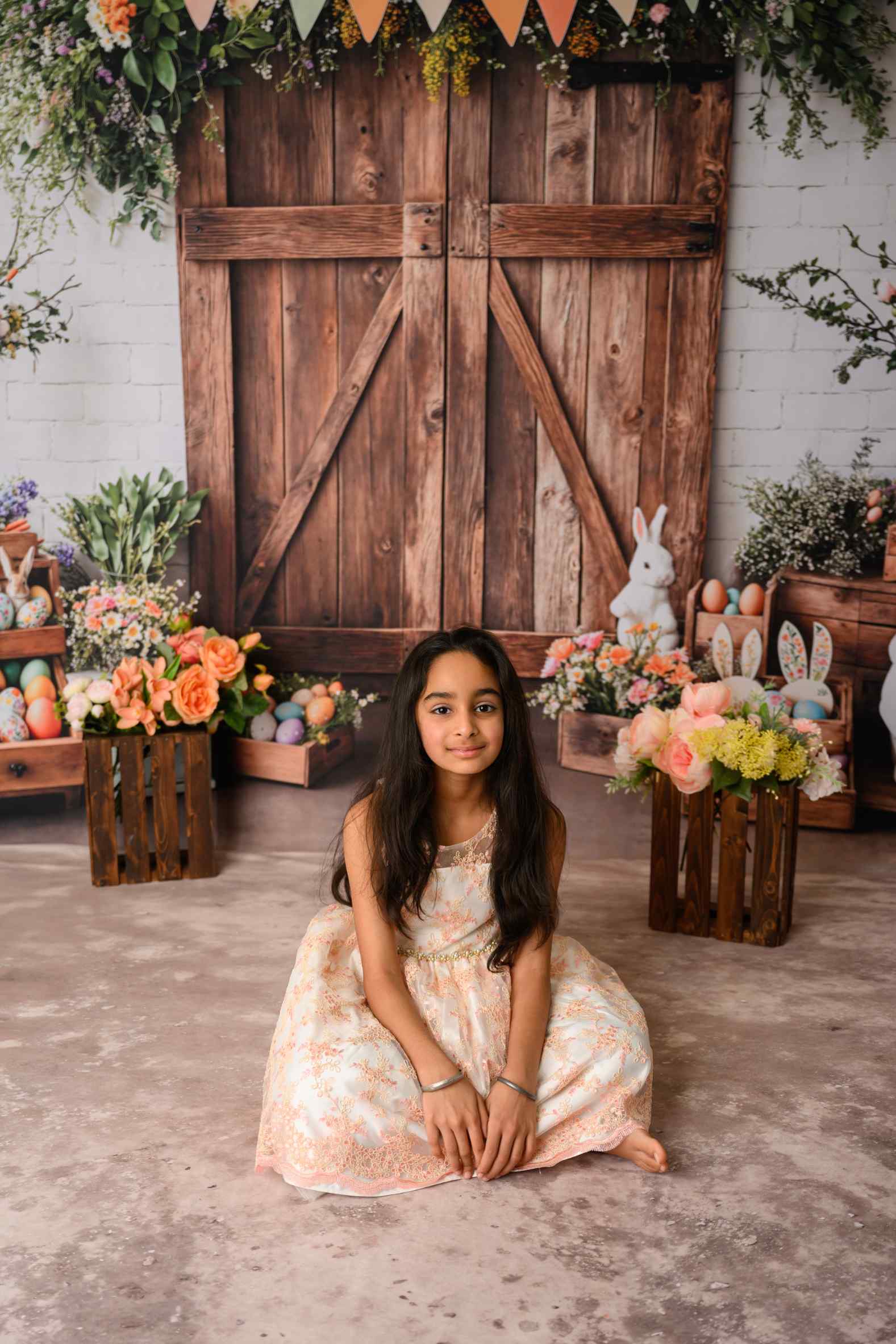 Kate Pâques Grange Porte Lapin Fleurs Toile de fond+Abstrait Beige Marron Clair Sol Toile de fond - Kate Backdrop FR