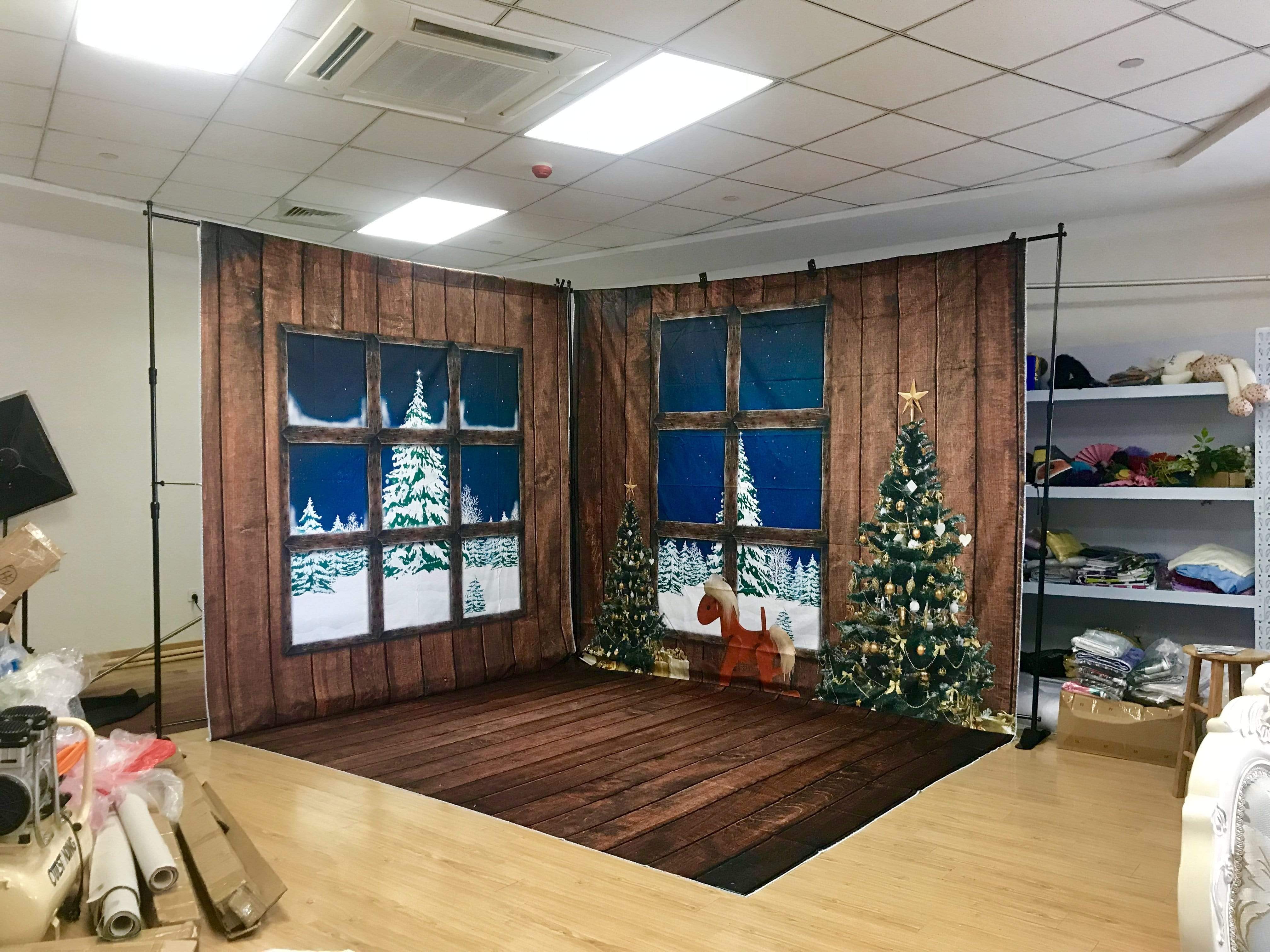 Kate Fenêtre Plancher Bois Brun foncé Arbre de Noël Ensemble de chambre (8pix8pi&10pix8pi&8pix10pi) - Kate Backdrop FR