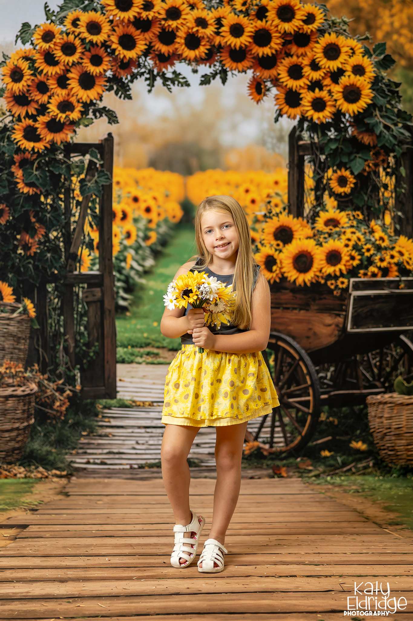 Kate Automne Tournesol Panier Chemin Toile de fond+Chemin en Bois Herbe Sol Toile de fond