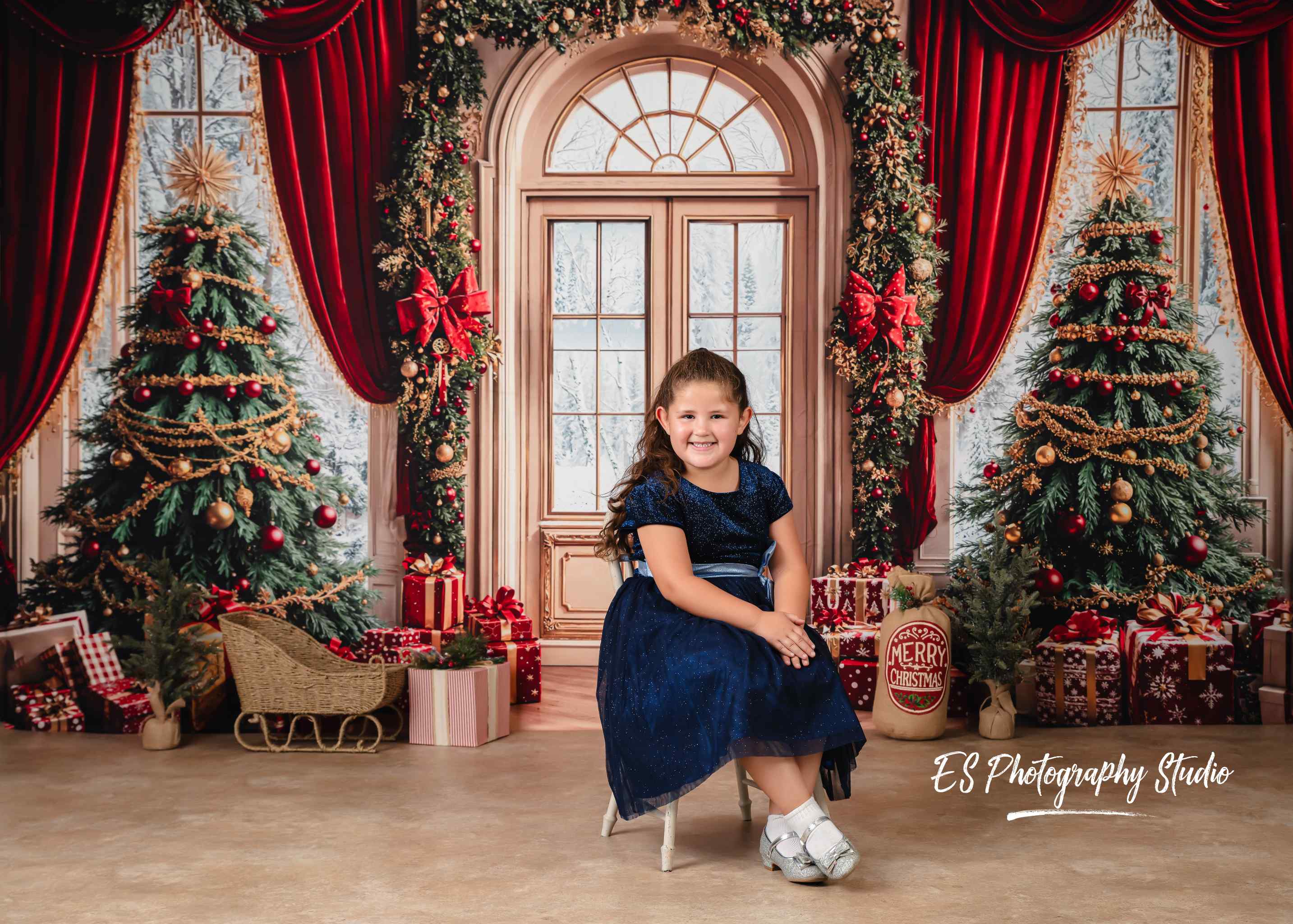 Kate Noël Sapins Fenêtre Cadeaux Rouge Toile de fond conçue par Emetselch - Kate Backdrop FR