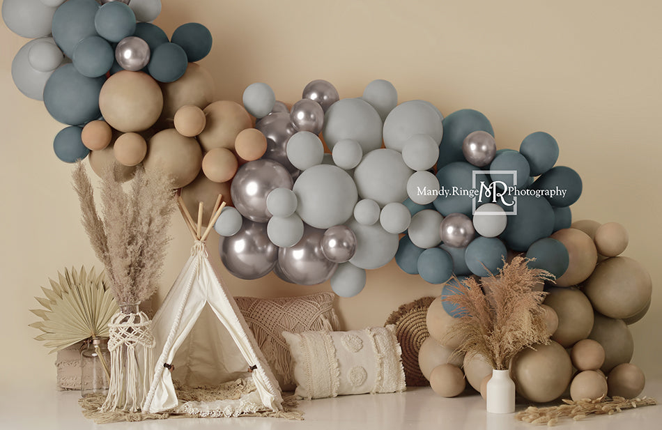 Offres Éclair-Kate Tente Boho Ballons Bleu & Brun Toile de fond en Laine conçue par Mandy Ringe - Kate Backdrop FR