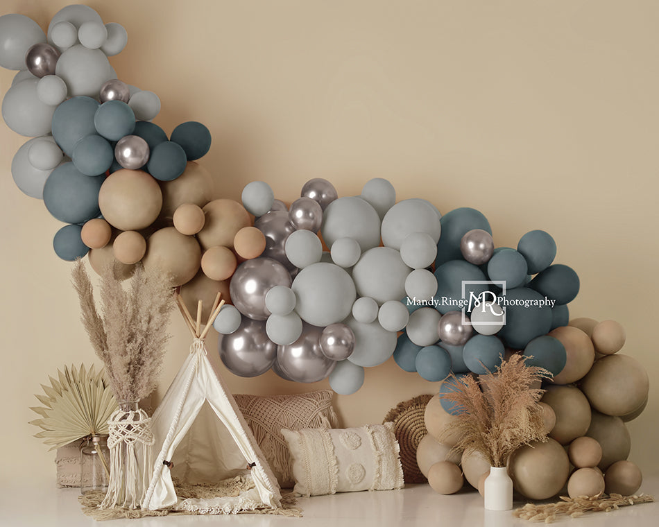 Offres Éclair-Kate Tente Boho Ballons Bleu & Brun Toile de fond en Laine conçue par Mandy Ringe - Kate Backdrop FR