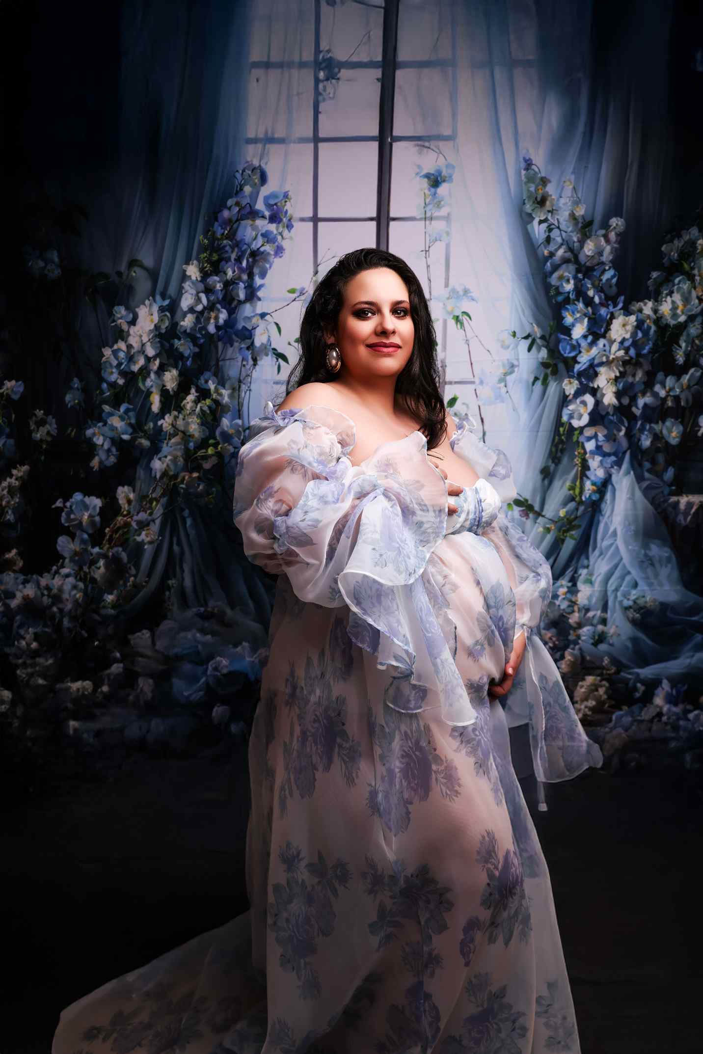Kate Bleu Fleurs Rideau Fenêtre Chambre Toile de fond en Laine conçue par Emetselch - Kate Backdrop FR