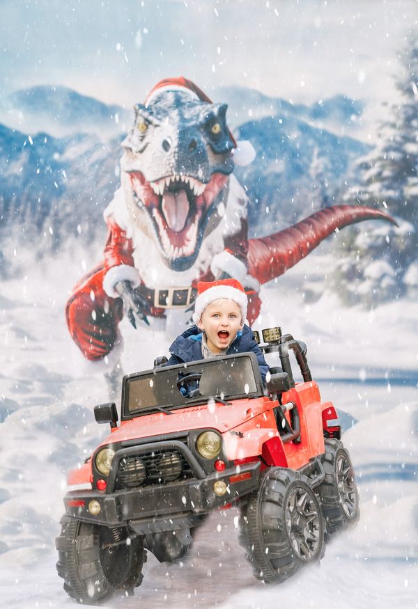 Kate T-Rex avec des vêtements de Père Noël Toile de fond conçue par Mini MakeBelieve - Kate Backdrop FR