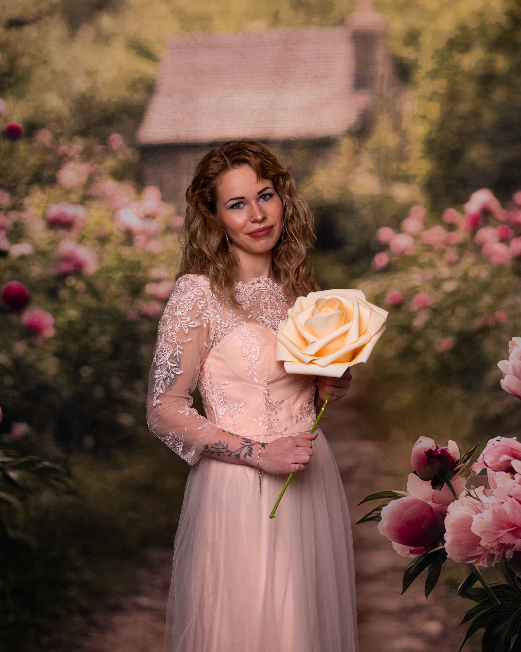 Kate Sweep Mur-à-Sol Fleurs Campagne Maison Chemin Toile de fond conçue par Lidia Redekopp - Kate Backdrop FR