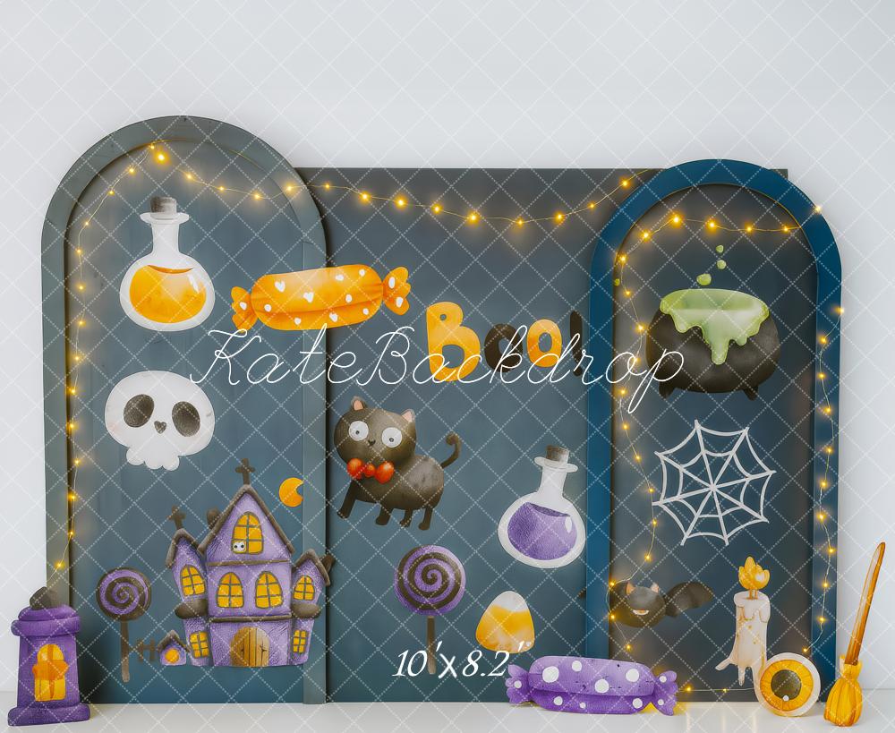 Kate Halloween Bonbons Maison Chat Toile de fond conçue par Patty Roberts - Kate Backdrop FR
