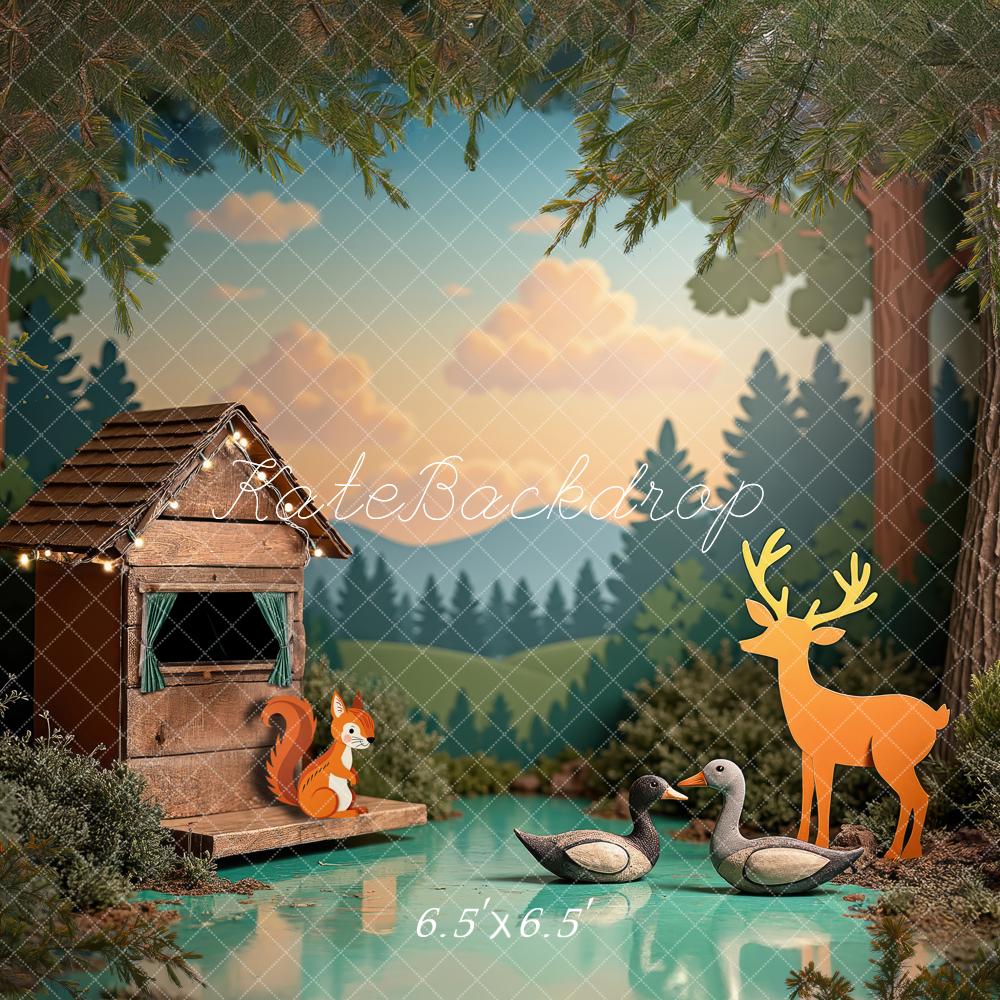 Kate Forêt Lac Maison Animaux Toile de fond conçue par Laura Bybee