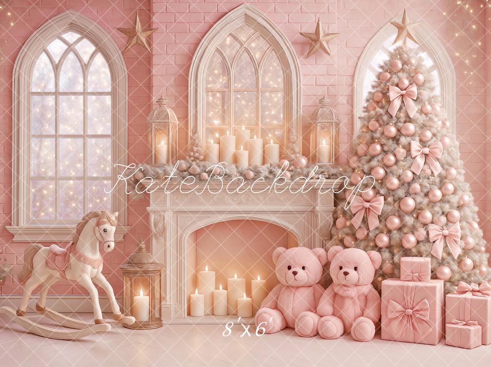 Kate Sapin de Noël Rose Cadeaux Cheminée Toile de fond conçue par Ashley Paul - Kate Backdrop FR