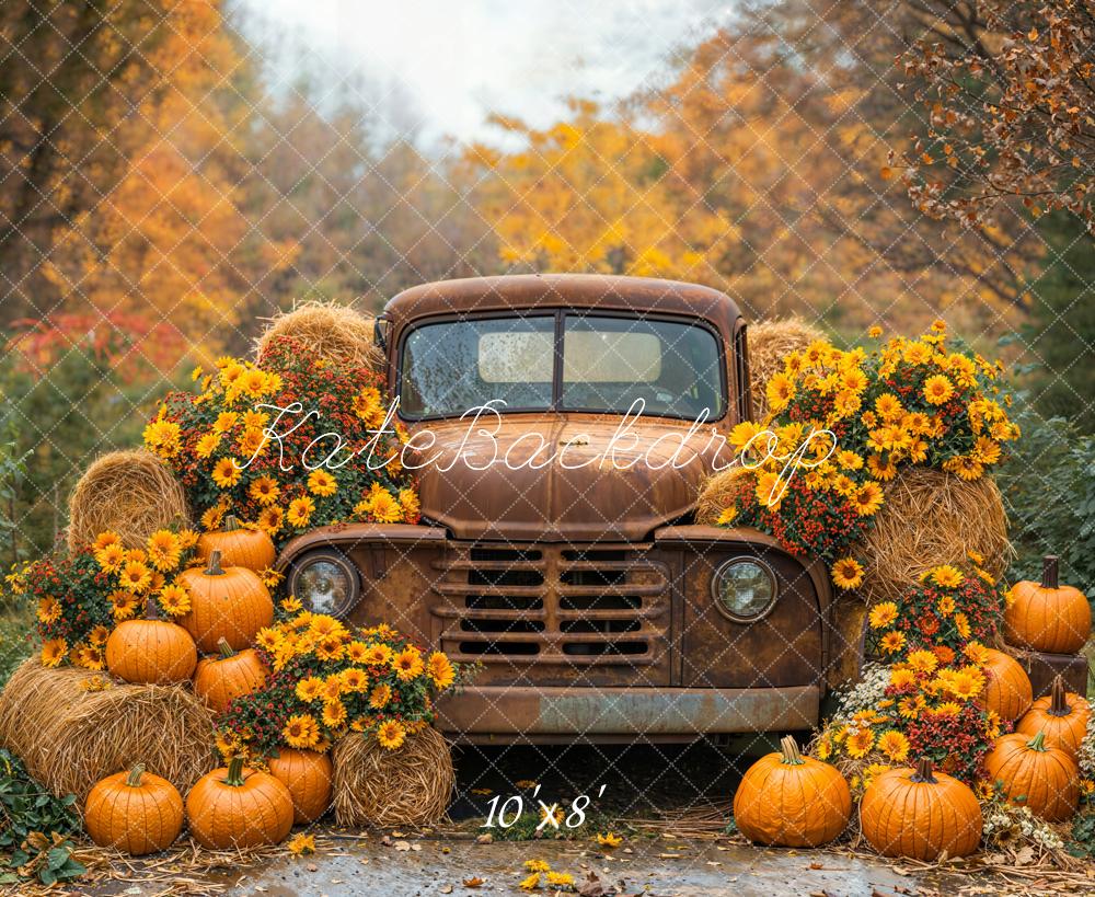 Kate Automne Camion Citrouilles Foin Toile de fond en Laine conçue par Emetselch - Kate Backdrop FR
