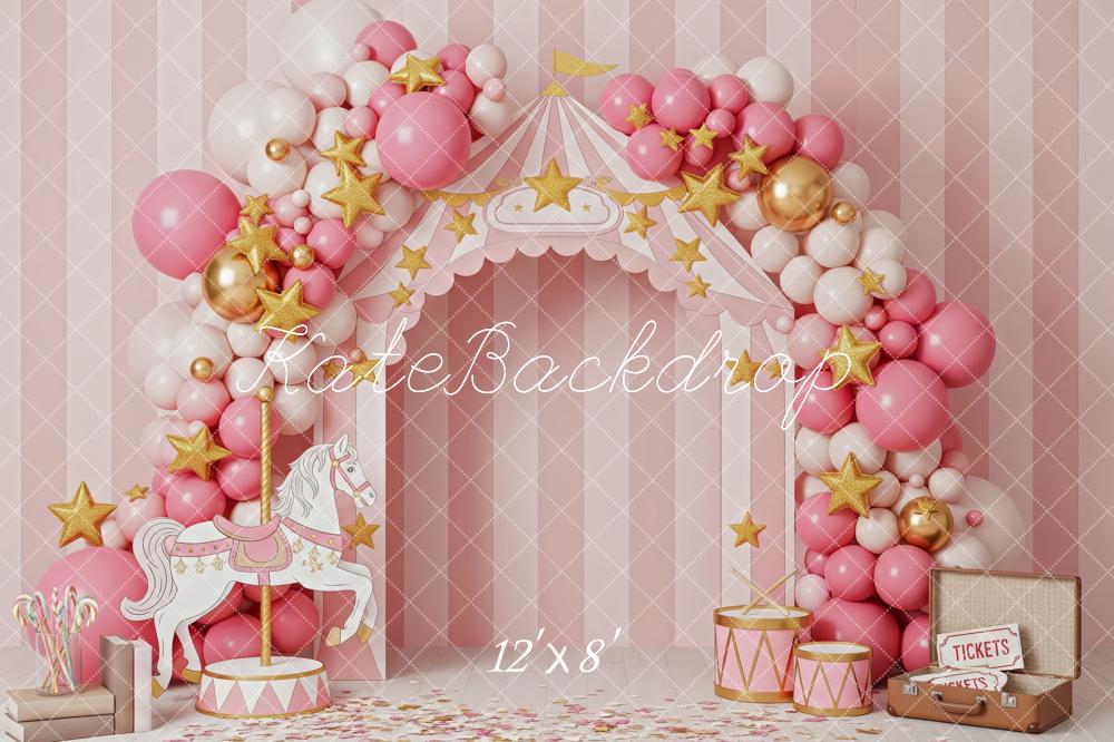Kate Cirque Carrousel Ballons Rose Toile de fond conçue par Patty Roberts - Kate Backdrop FR