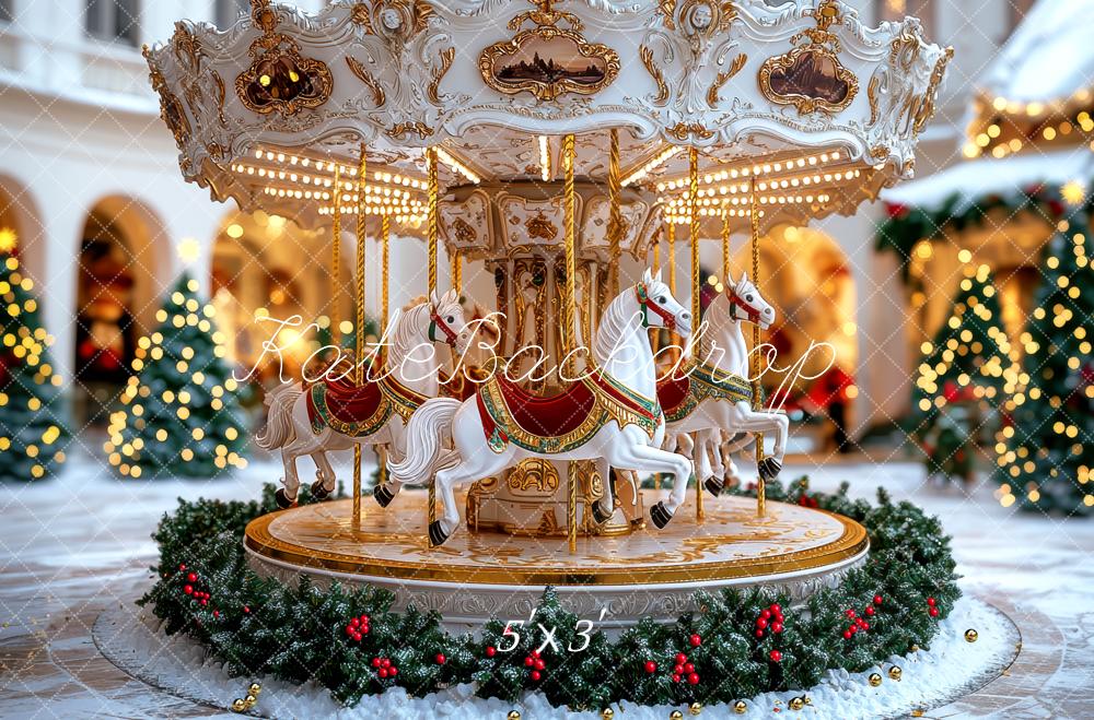 Kate Carrousel Noël Lumière Sapins Toile de fond conçue par Mini MakeBelieve - Kate Backdrop FR