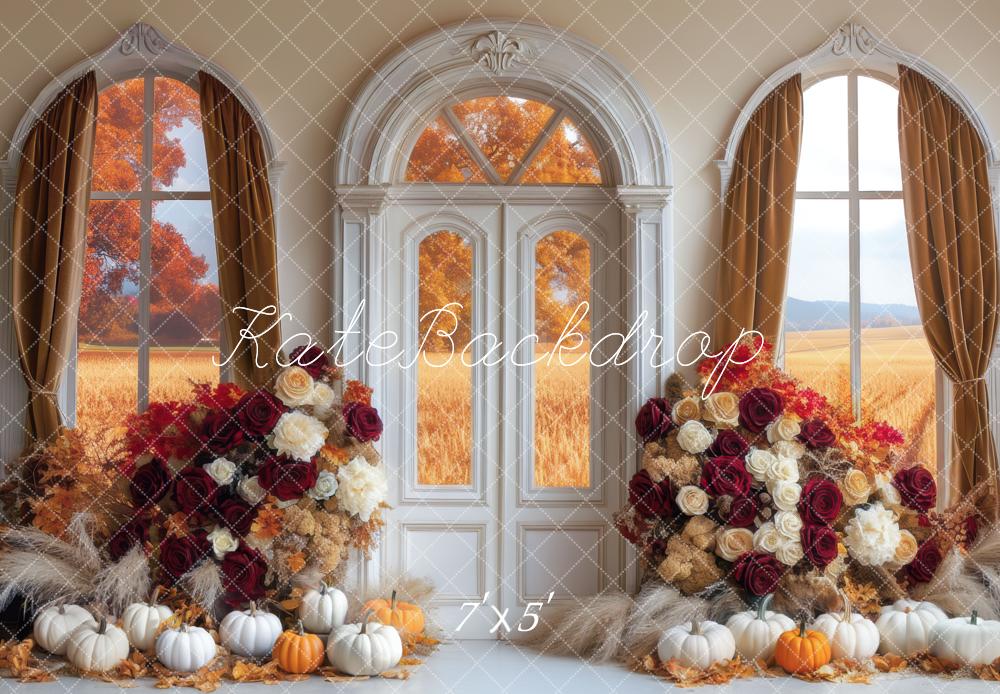 Kate Automne Fenêtre Roses Citrouilles Toile de fond conçue par Mini MakeBelieve - Kate Backdrop FR
