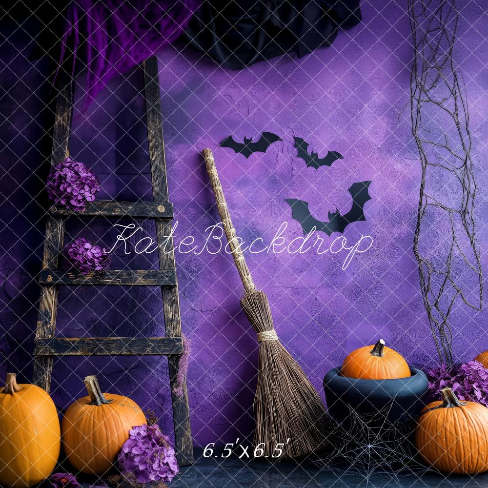 Kate Halloween Citrouilles Balai Chauves-Souris Violet Toile de fond conçue par Patty Roberts - Kate Backdrop FR