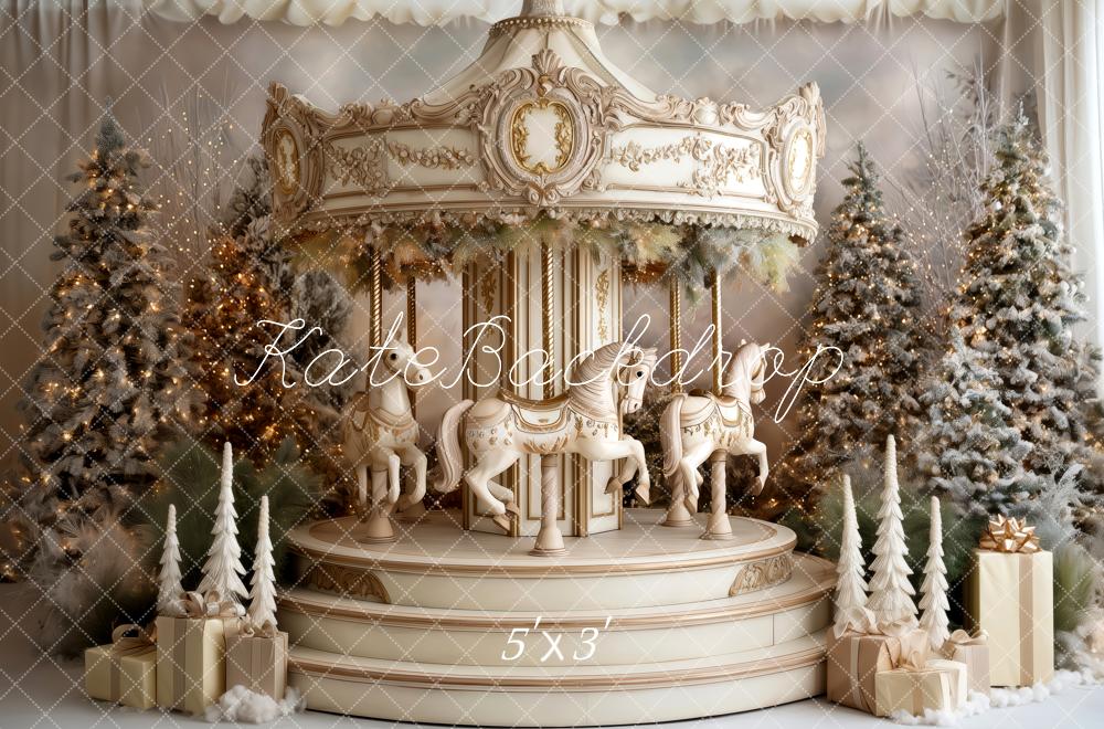 Kate Carrousel Sapins Hiver Cadeaux Toile de fond conçue par Patty Roberts - Kate Backdrop FR