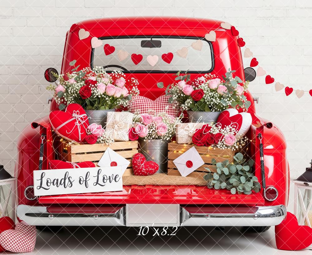 Kate Saint Valentin Camion Rouge Fleurs Lettres Toile de fond conçue par Patty Roberts