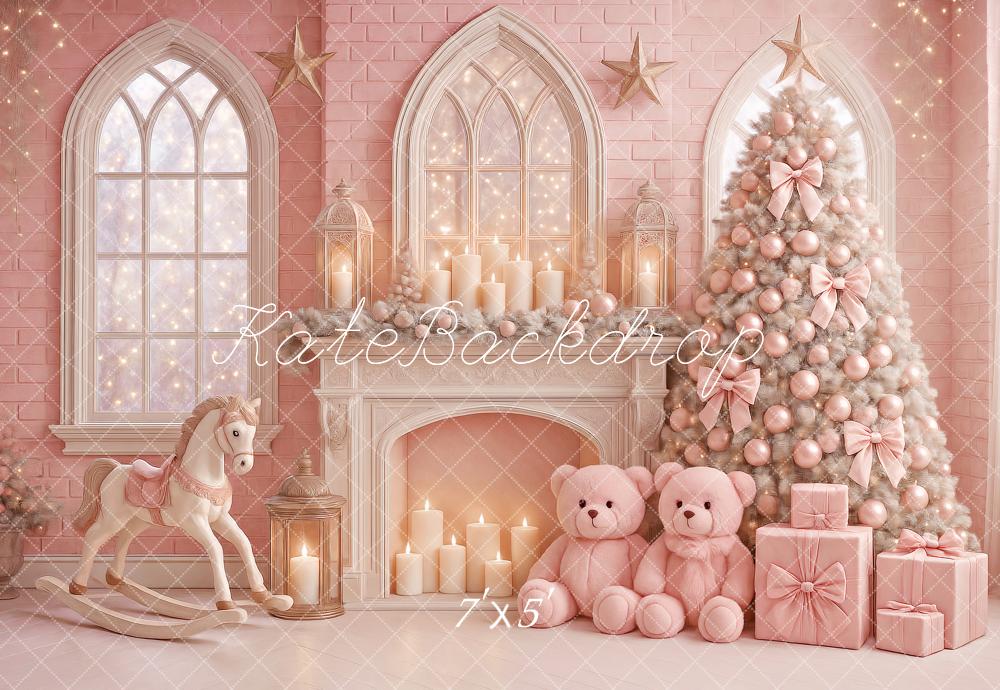 Kate Sapin de Noël Rose Cadeaux Cheminée Toile de fond conçue par Ashley Paul - Kate Backdrop FR