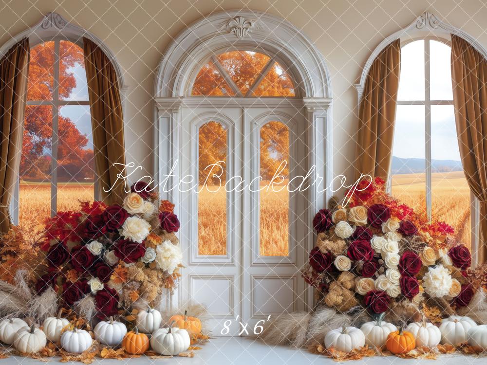 Kate Automne Fenêtre Roses Citrouilles Toile de fond conçue par Mini MakeBelieve - Kate Backdrop FR
