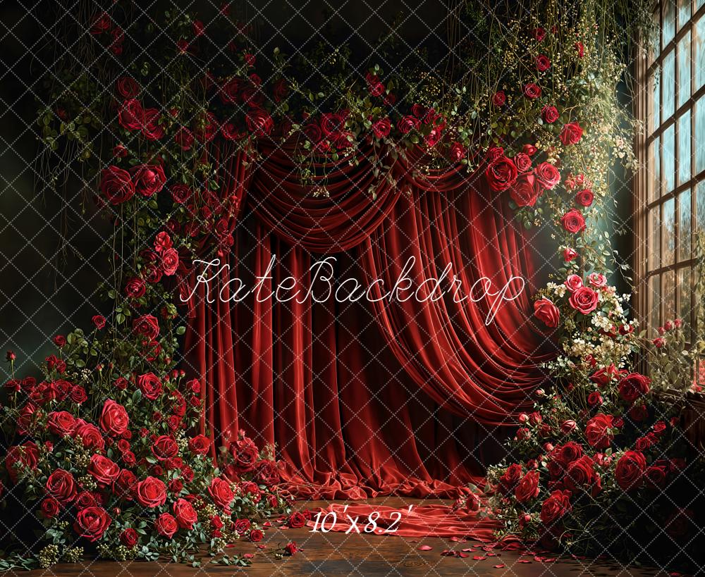 Kate Rideau Rouge Roses Fenêtre Toile de fond en Laine conçue par Emetselch